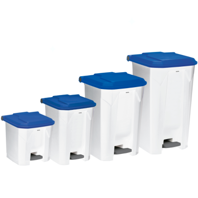 Poubelle plastique à pédale blanche couvercle bleu 30L, 50L, 80L et 100L