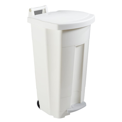 Poubelle plastique mobile à pédale couvercle blanc 90L