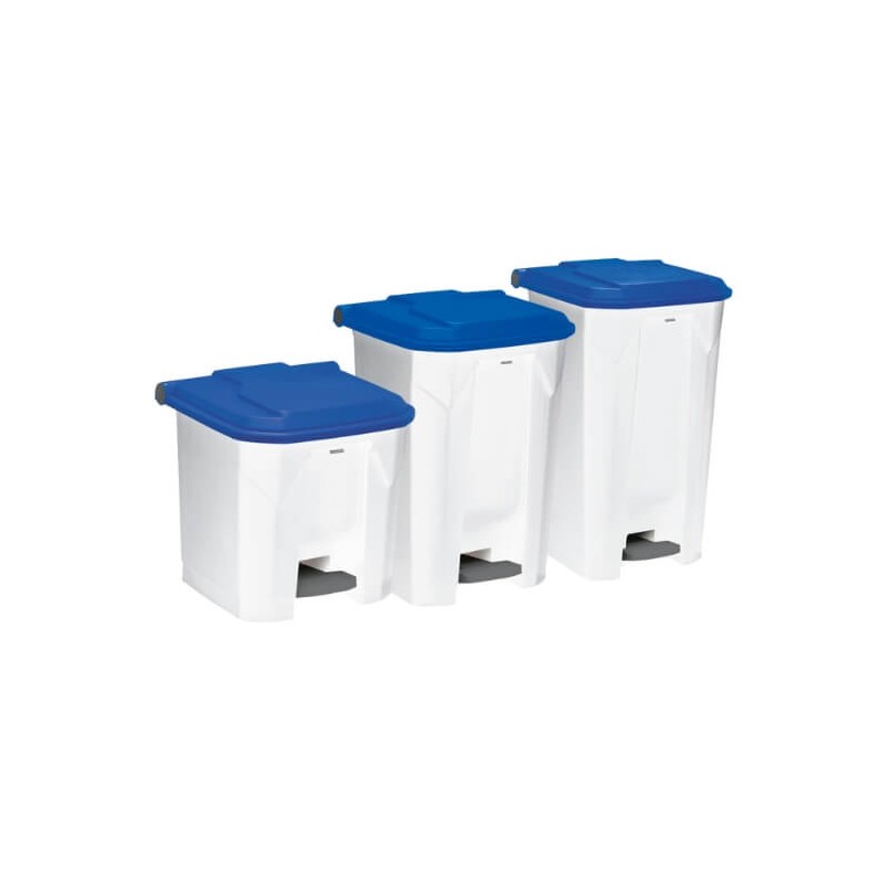 Poubelle plastique à pédale blanche couvercle bleu 30L, 45L et 90L