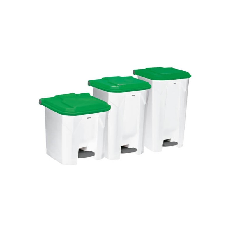 Poubelle plastique à pédale blanche couvercle vert 30L, 45L et 90L