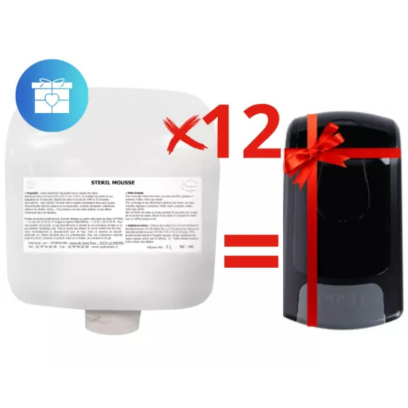 Pack 12 cartouches savon mains mousse antibactérien + 1 distributeur noir offert