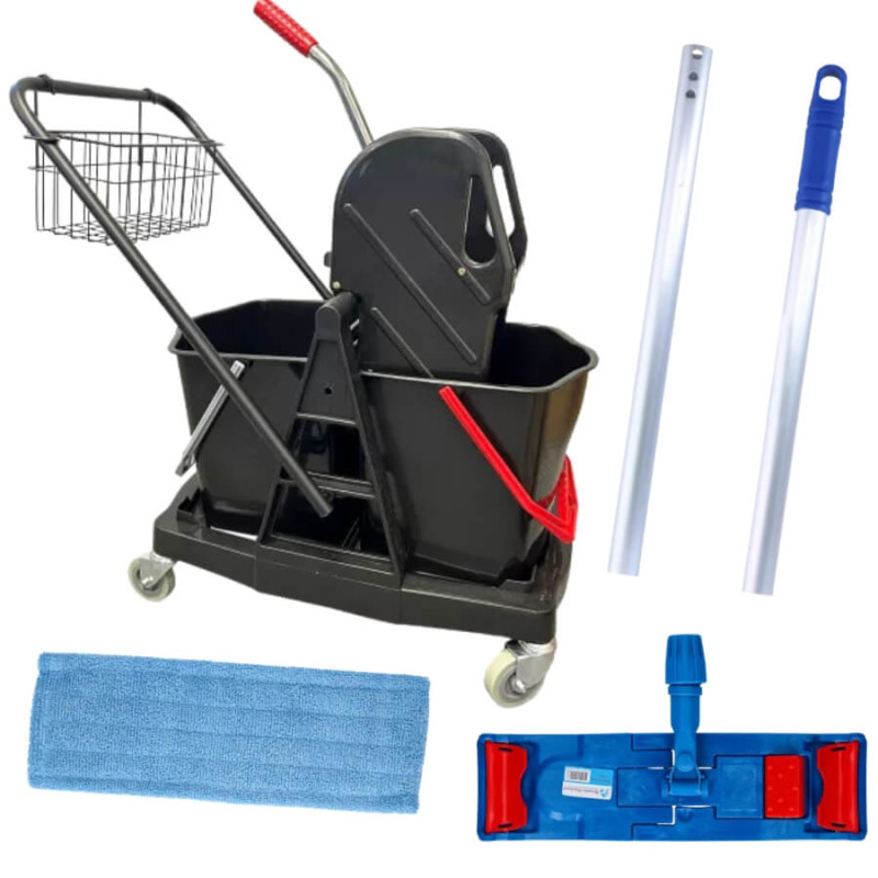 Poste de lavage des sols à plat complet - double seau avec panier