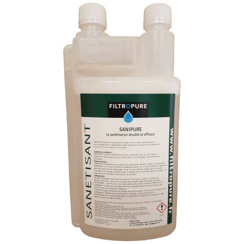 SANIPURE - Sanétisant désinfectant pour circuits et réservoirs d'eau de fontaine - 1 L