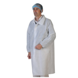Vêtement jetable : blouse blanche non tissée 30 g à pressions, 50 pièces