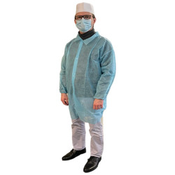 Blouse bleue non tissée 30 g à pressions et poignets élastiques, 50 pièces