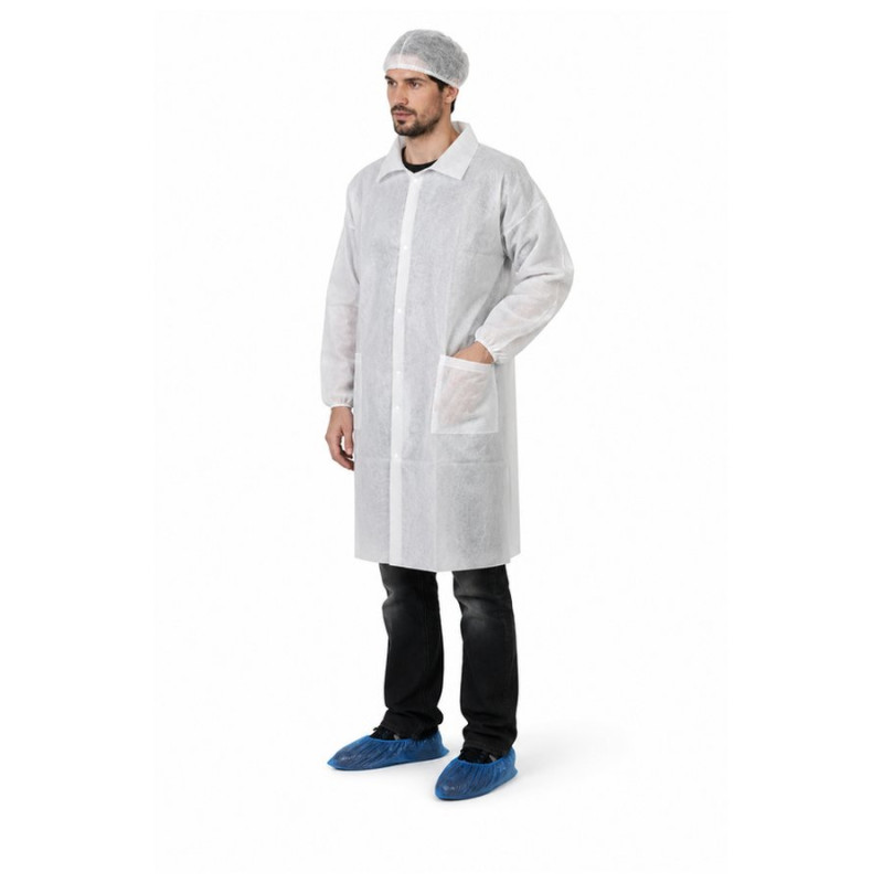 Blouse de laboratoire jetable 55 g blanche à col chemise, 50 pièces