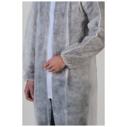 Blouse agroalimentaire jetable blanche zippée 30 g : portée, fermeture éclair et poignets