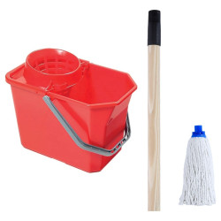 Kit lavage sol : seau essoreur 12 L, frange espagnole coton et manche bois