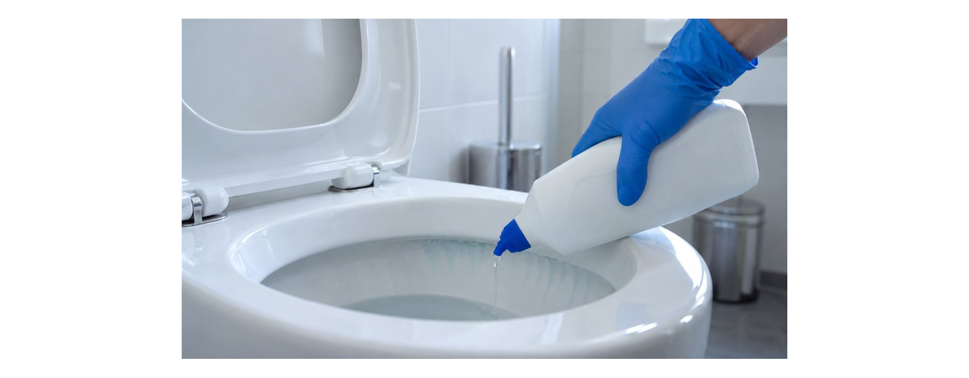 Application d un gel detartrant sous le rebord d une cuvette de WC